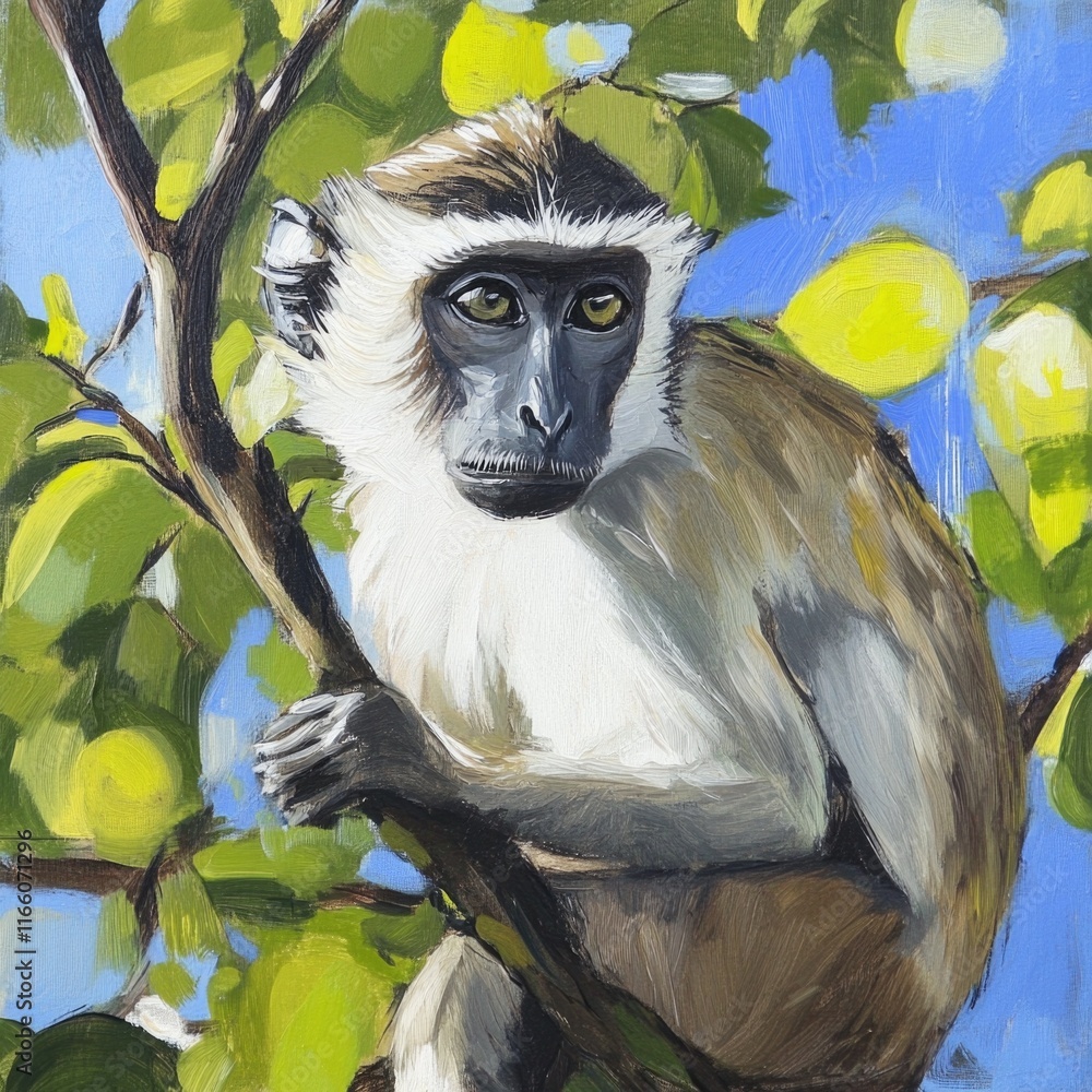Poster a monkey sits comfortably in a tree branch, looking around with curiosity