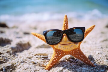 A starfish wears trendy sunglasses on a sunny day at the beach