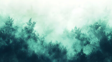 Obraz premium Enchanting misty forest scene, teal and green hues, ethereal atmosphere, tranquil nature background. Perfect for websites, art, and design.