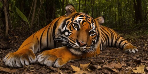 Obraz premium Wildlife scene with tiger resting in forest environment