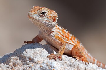 Obraz premium A close-up photo of a lizard sitting on a rock, with clear details of its scales and facial features
