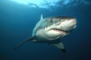 Fototapeta premium A great white shark swimming in the open ocean