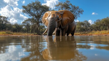 Fototapeta premium A single elephant stands in a pool of water, looking around