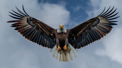 Fototapeta premium A majestic bald eagle soaring through a cloudy blue sky