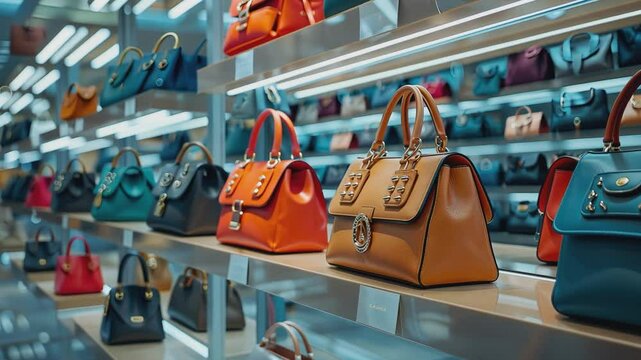 A curated selection of designer handbags in vibrant colors and textures, meticulously arranged on a sleek display shelf.