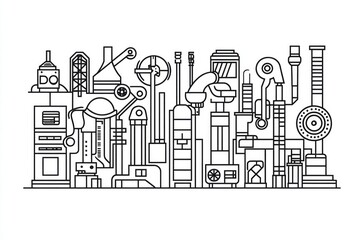 Fototapeta premium A black and white illustration of an industrial factory with rows of machinery and workers