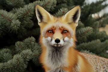Obraz premium A close-up shot of a foxy face in front of a tree trunk