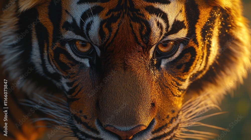 Poster A close-up view of a tiger's face with a blurred background