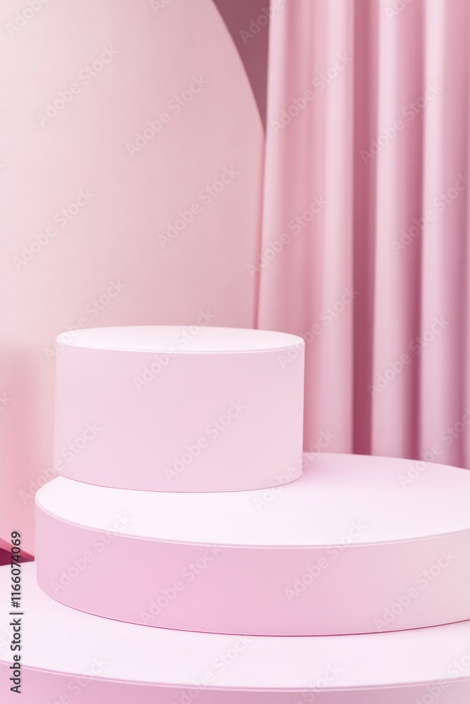 Poster a pink curtain hangs in the background of a pedestal, providing a soft focus and subtle contrast