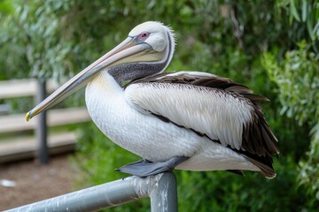 A pelican perched on a metal railing, looking out at the scene