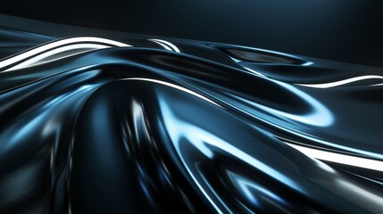 Dark blue metallic waves flowing and reflecting light, creating an abstract and elegant wallpaper design