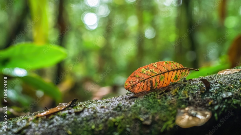 Poster A single leaf hangs from a tree branch in a dense forest, surrounded by greenery