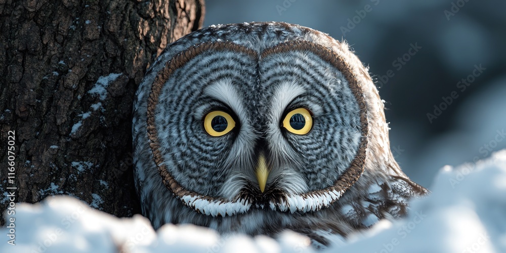 Canvas Prints A close-up shot of an owl perched on or near a tree trunk, providing a unique perspective on this iconic bird