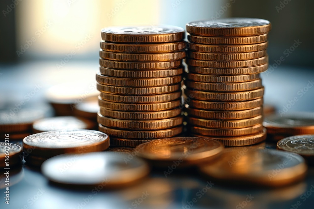 Poster a stack of coins placed neatly on a table surface