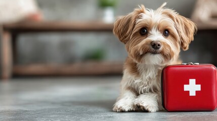 Naklejka na ściany i meble A delightful dog lying next to a red first aid kit emphasizes the importance of being prepared for pet emergencies and showcases the bond between pets and owners.