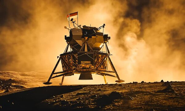 A lunar lander on a dusty surface with a flag, capturing a moment of exploration.