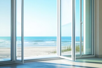 A calm ocean view seen through a large window in a cozy living room