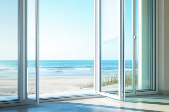Fototapeta A calm ocean view seen through a large window in a cozy living room