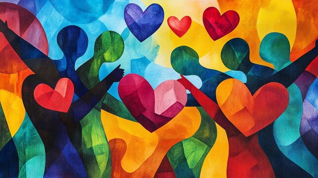 A dynamic charitythemed illustration featuring abstract figures sharing hearts and smiles, emphasizing compassion and community care, with bold, vivid colors - Powered by Adobe