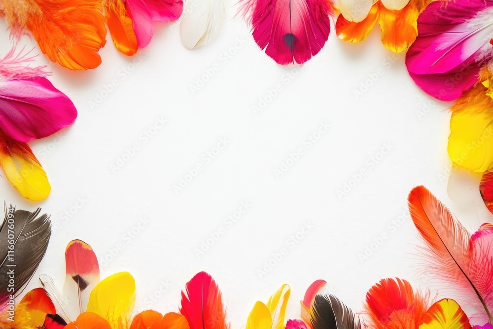 Poster A vibrant arrangement of colorful feathers in a circular pattern on a white background