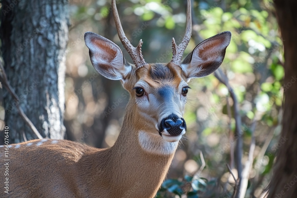 Poster a detailed view of a deer's face in its natural habitat, suitable for use as a symbol or in a wildli