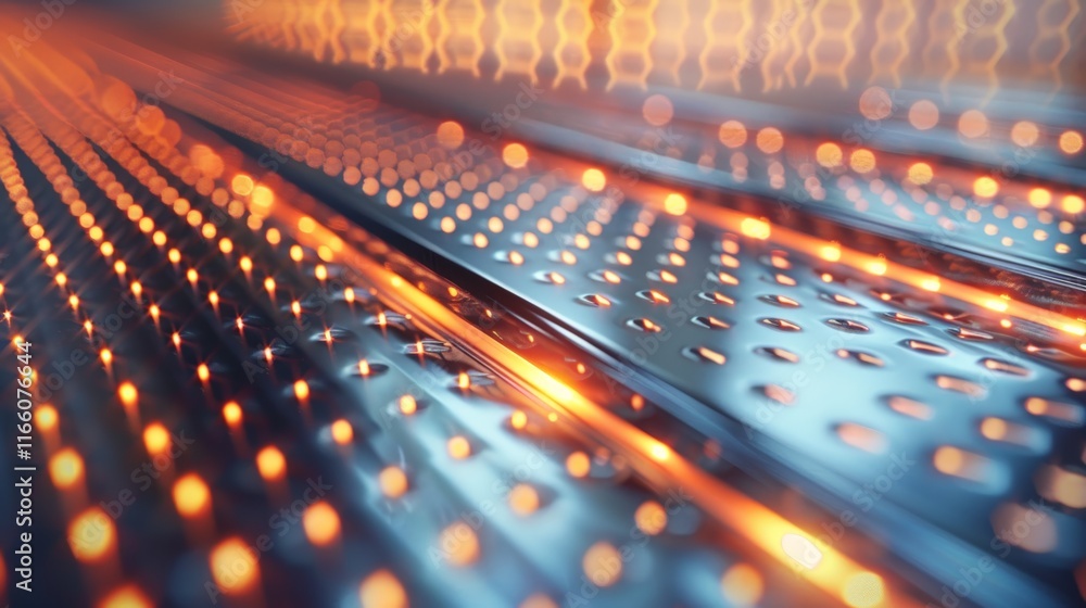 Poster orange lights glowing on a futuristic metallic surface, creating a captivating technological pattern