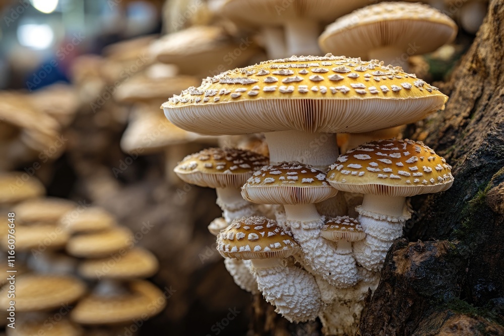 Poster Close-up view of various types of mushrooms growing on the bark of a tree