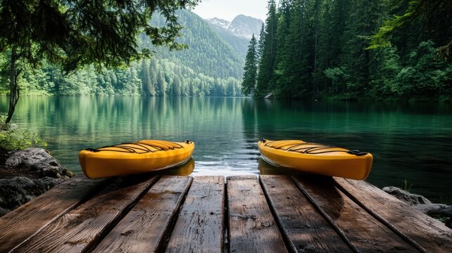 Two yellow kayaks rest on a wooden dock, overlooking an unspoiled lake flanked by elegant pine trees and distant mountains, creating a picturesque setting for relaxation.