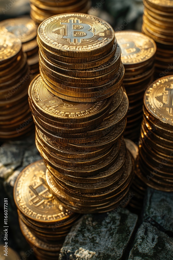 Poster a pile of bitcoins sits atop a pile of rocks, conveying the value and stability associated with thes