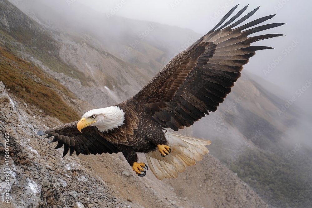 Poster a bald eagle soaring above a rugged mountainside, with trees and rock formations in the background