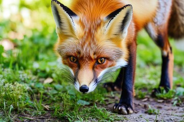 Fototapeta premium A close-up shot of a red fox lying in the grass, with its fur and surroundings in focus