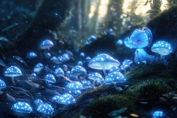 A luminous spirit child amidst a magical forest of glowing blue mushrooms.