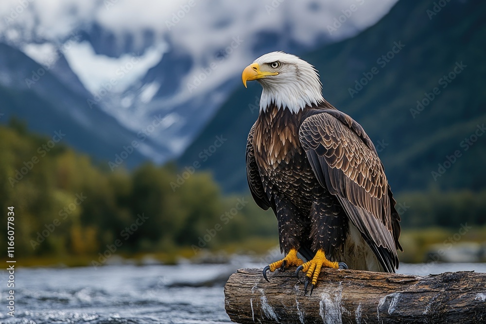 Poster a bald eagle perched on a log floating in calm water