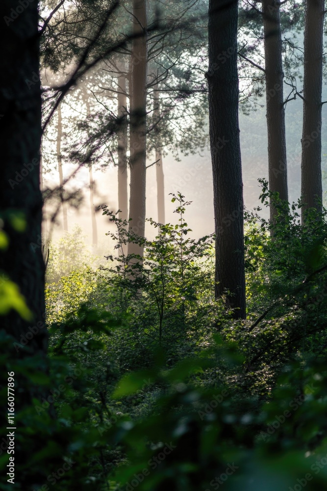 Poster Bright sunlight filters through a canopy of trees in a dense forest