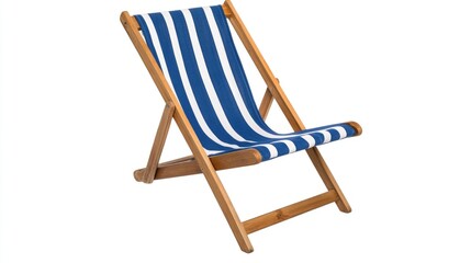 A blue and white striped beach chair sits on a white background, perfect for a summer vacation