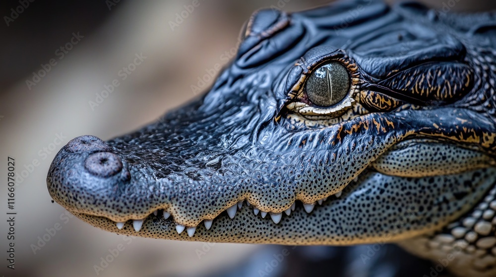 Poster A close-up shot of a toy alligator's head, ideal for use in illustrations and designs where a reptile-like feature is needed