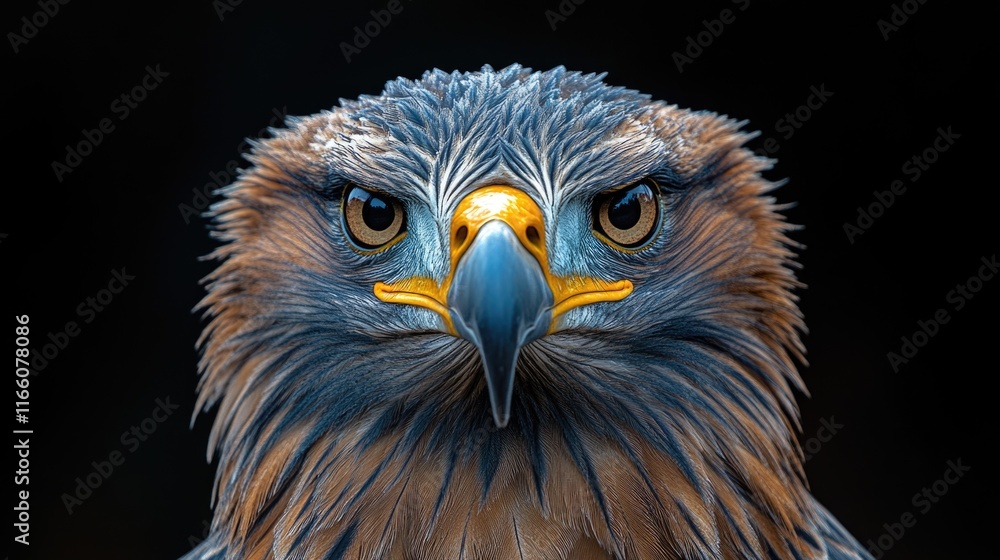 Poster a close-up shot of a bird of prey on a dark, black background