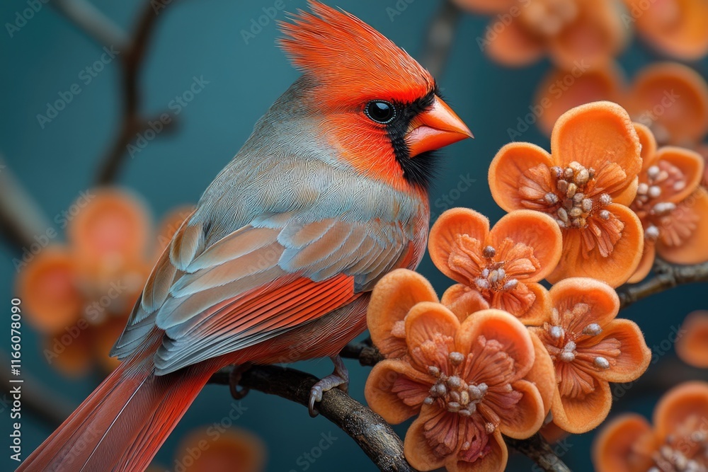 Poster a bright red bird sits atop a tree branch, looking out at the surrounding environment