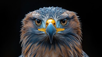 A close-up shot of a bird of prey on a dark, black background