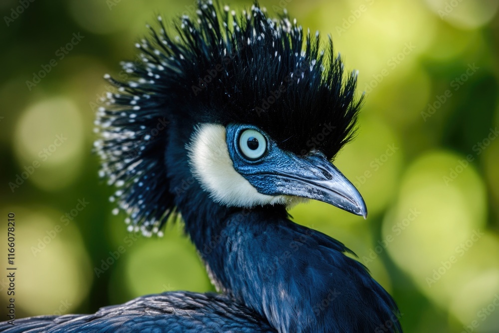 Poster close-up shot of a blue bird with a distinctive black head, suitable for use in wildlife or nature p