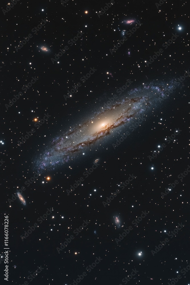 Poster A stunning image of a galaxy with a spiral galaxy in the background, great for use in space-themed designs or as a backdrop for astronomy-related content