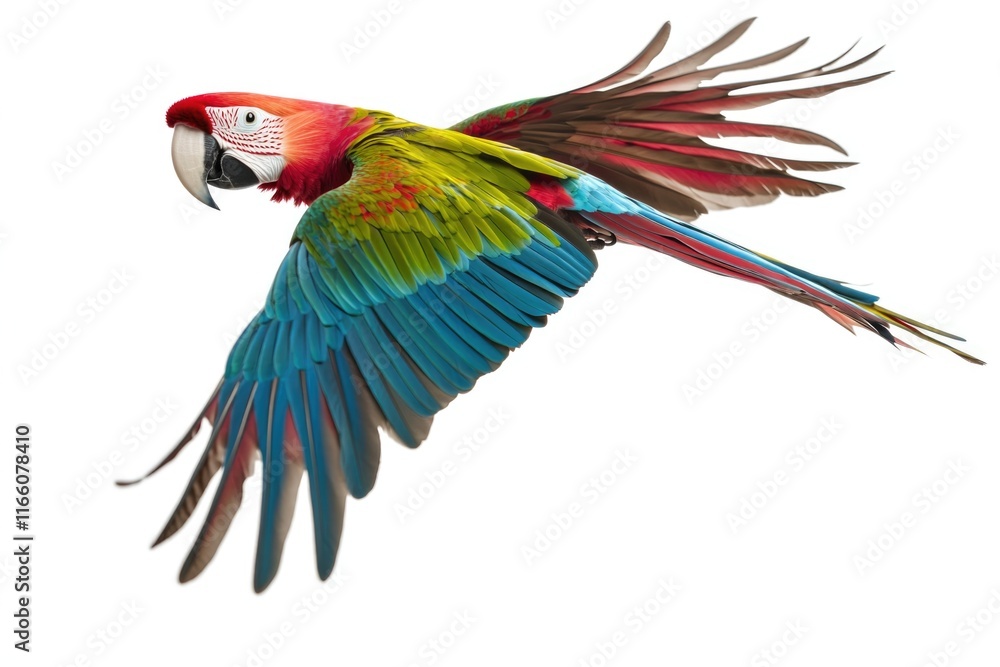 Poster a vibrant parrot soaring through the sky with its feathers on full display