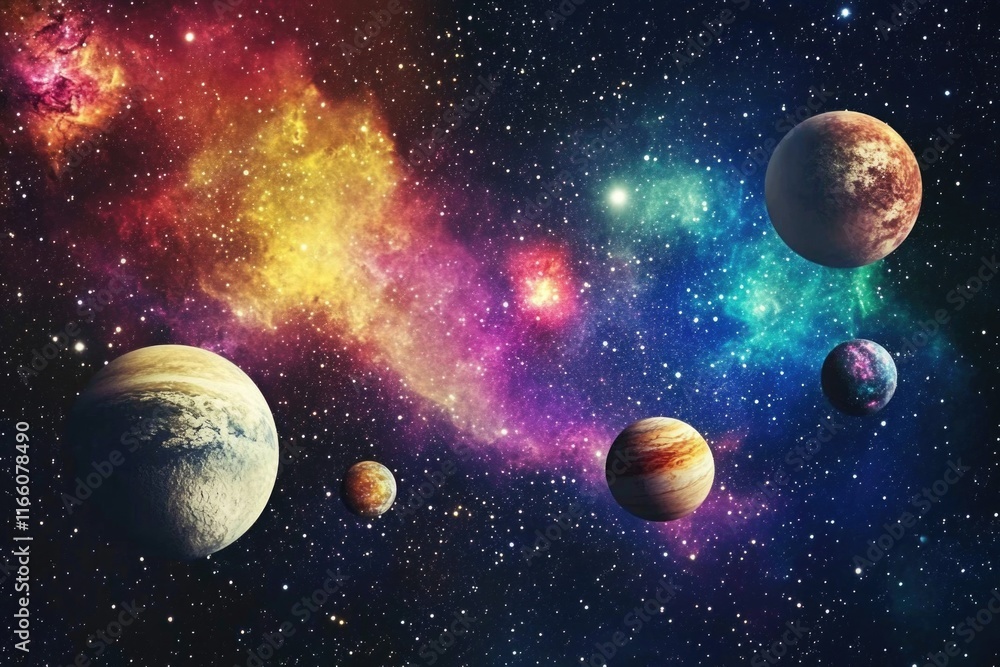 Poster a group of planets orbiting in the vastness of space