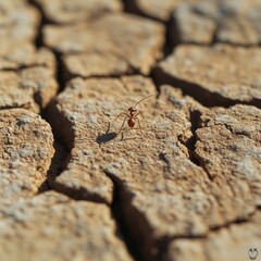 Obraz premium Ant on cracked, arid earth.