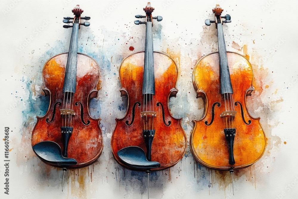 Poster a close-up view of three violins placed on a clean white background, ideal for music-related themes 