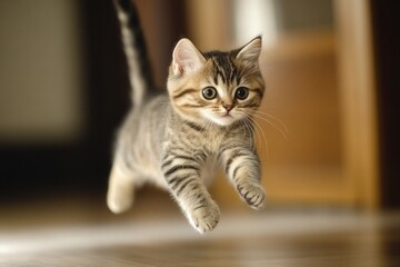 A small kitten leaping upwards, full of energy and playfulness