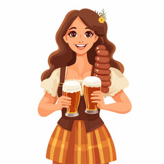Traditional cloth woman cartoon holding beer glasses illustration