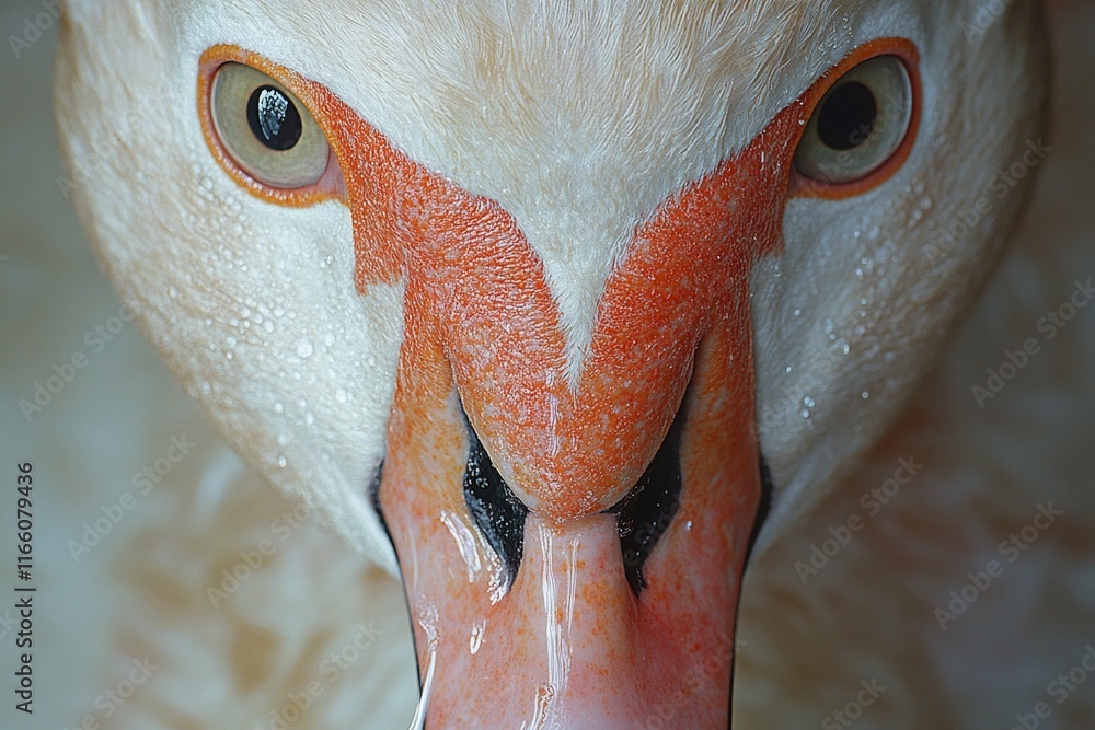 Poster a detailed view of a small white and orange bird, its feathers ruffled and beak open