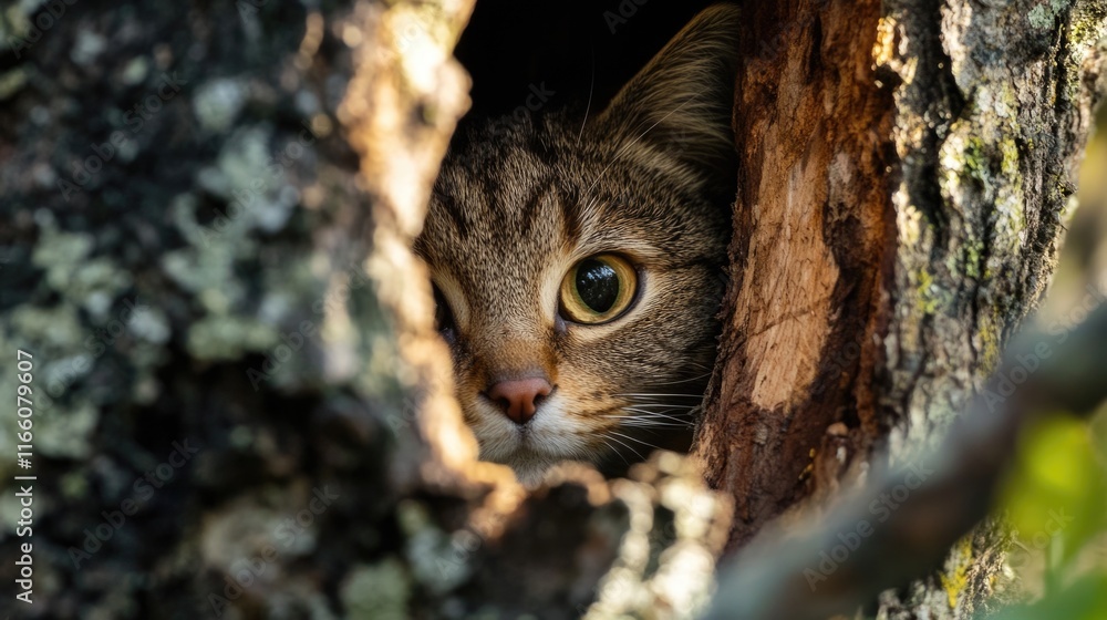 Poster a curious cat looks out from a hole in a tree trunk