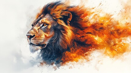 Fiery lion portrait, watercolor style.